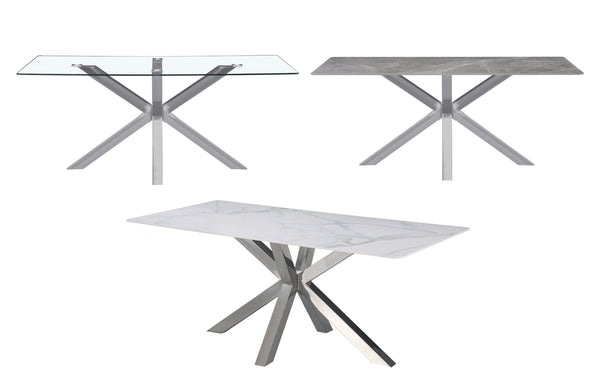 Miles rectangle dining table with silver frame, available with glass, white marble, or grey marble top.