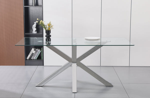 Miles rectangle dining table with polished silver frame and clear tempered glass top, contemporary dining design.