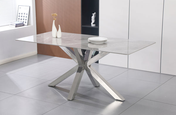 Miles rectangle dining table with polished silver frame and luxurious grey marble top in a modern dining room.