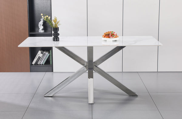 Miles rectangle dining table with polished silver frame and elegant white marble top in a modern dining room.