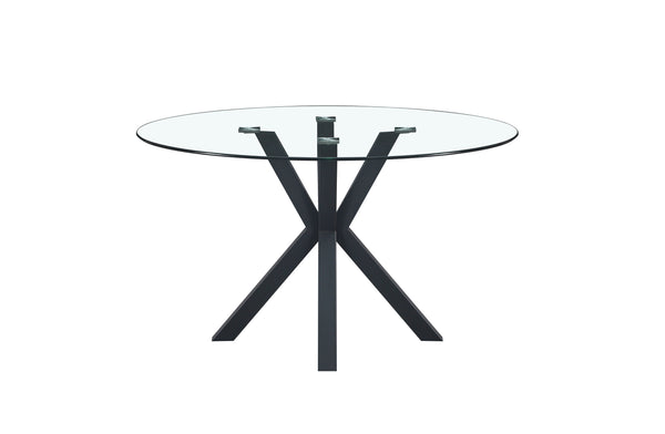Miles round dining table with black metal frame and clear tempered glass top, modern and elegant style.