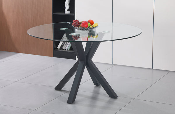 Miles round dining table with black metal frame and clear glass top, modern dining setting.