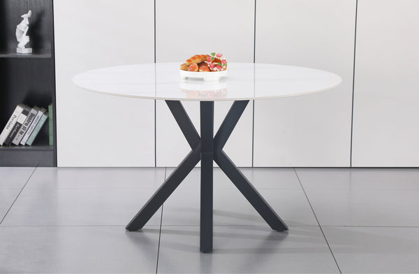Miles round dining table with black frame and white marble top, stylish modern design.