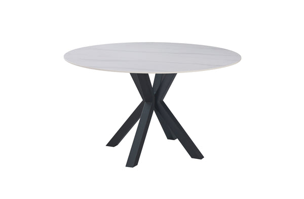 Miles round dining table with black frame and white marble top, minimal modern design.