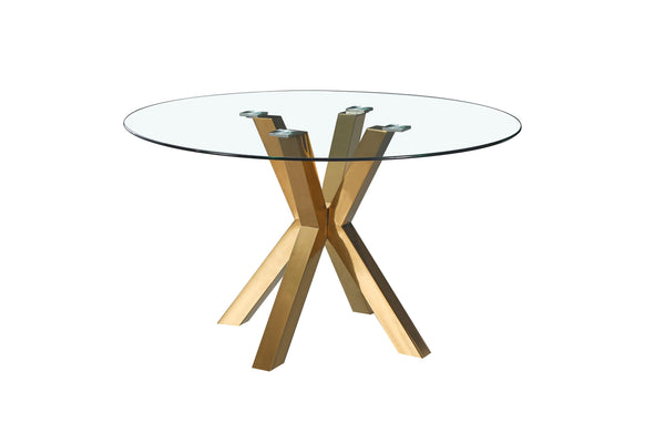 Miles round dining table with polished gold frame and clear tempered glass top, luxury design.