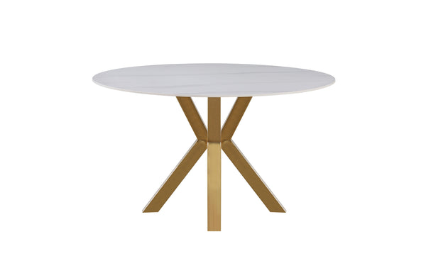 Miles round dining table with gold frame and white marble top, stylish and modern.