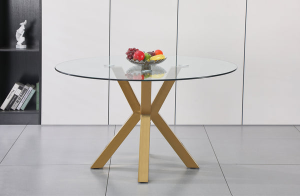 Miles round dining table with gold stainless frame and clear tempered glass top, elegant design.