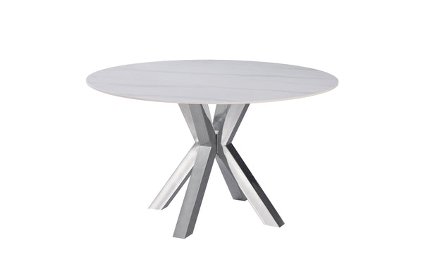 Miles round dining table with silver polished frame and white marble top, elegant and contemporary.