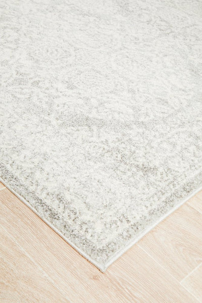 Close-up corner view of Mirage 358 Silver Rug showing subtle silver pattern details
