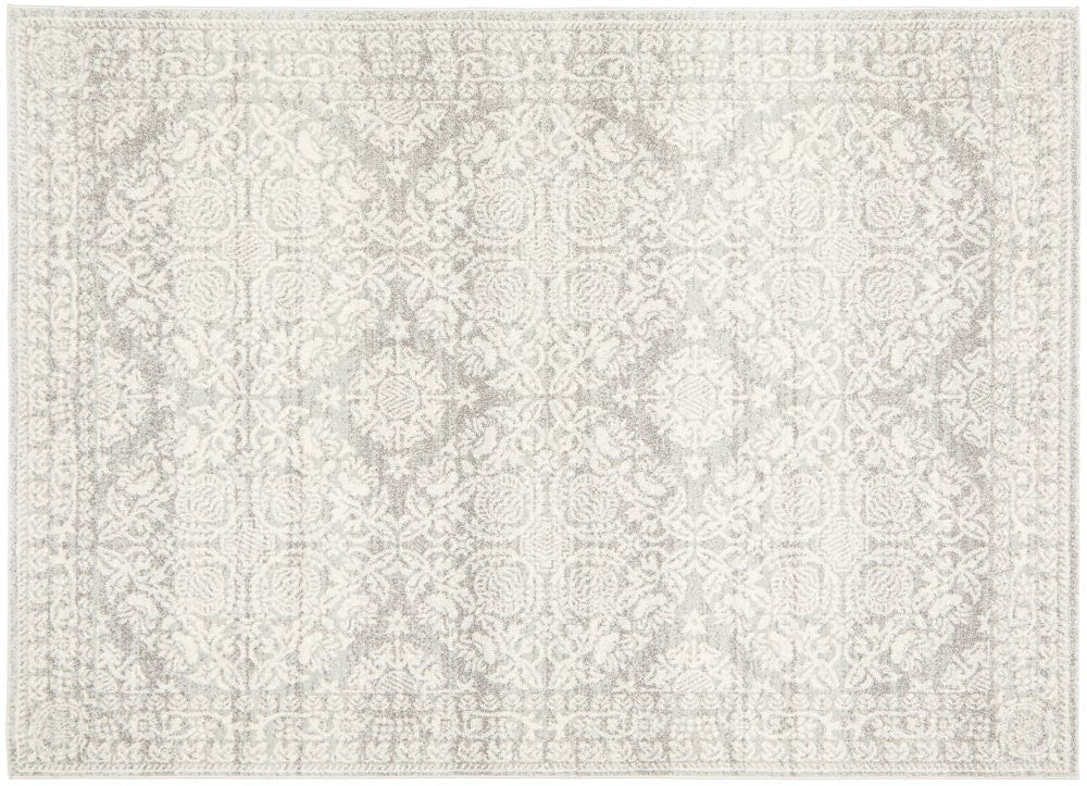 Mirage 358 Silver Rug with intricate pattern in soft silver tones, rectangle flatly view