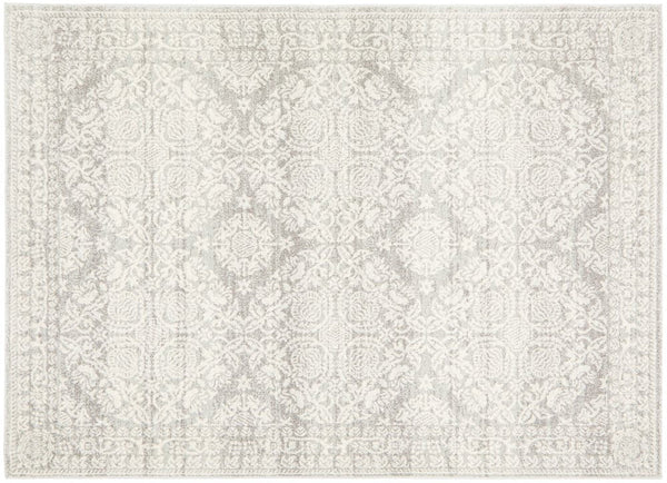 Mirage 358 Silver Rug with intricate pattern in soft silver tones, rectangle flatly view
