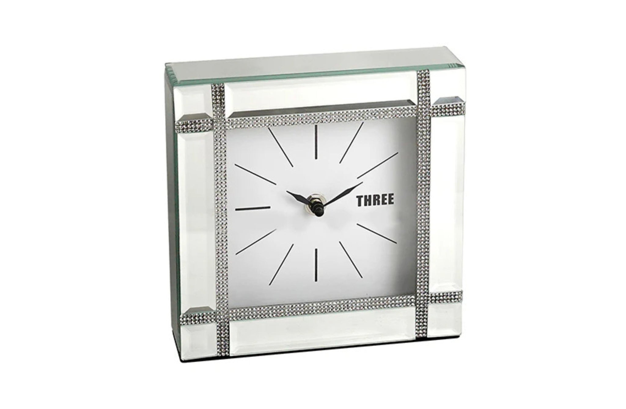 Elegant small mirror table clock with faux crystal accents and beveled edges.
