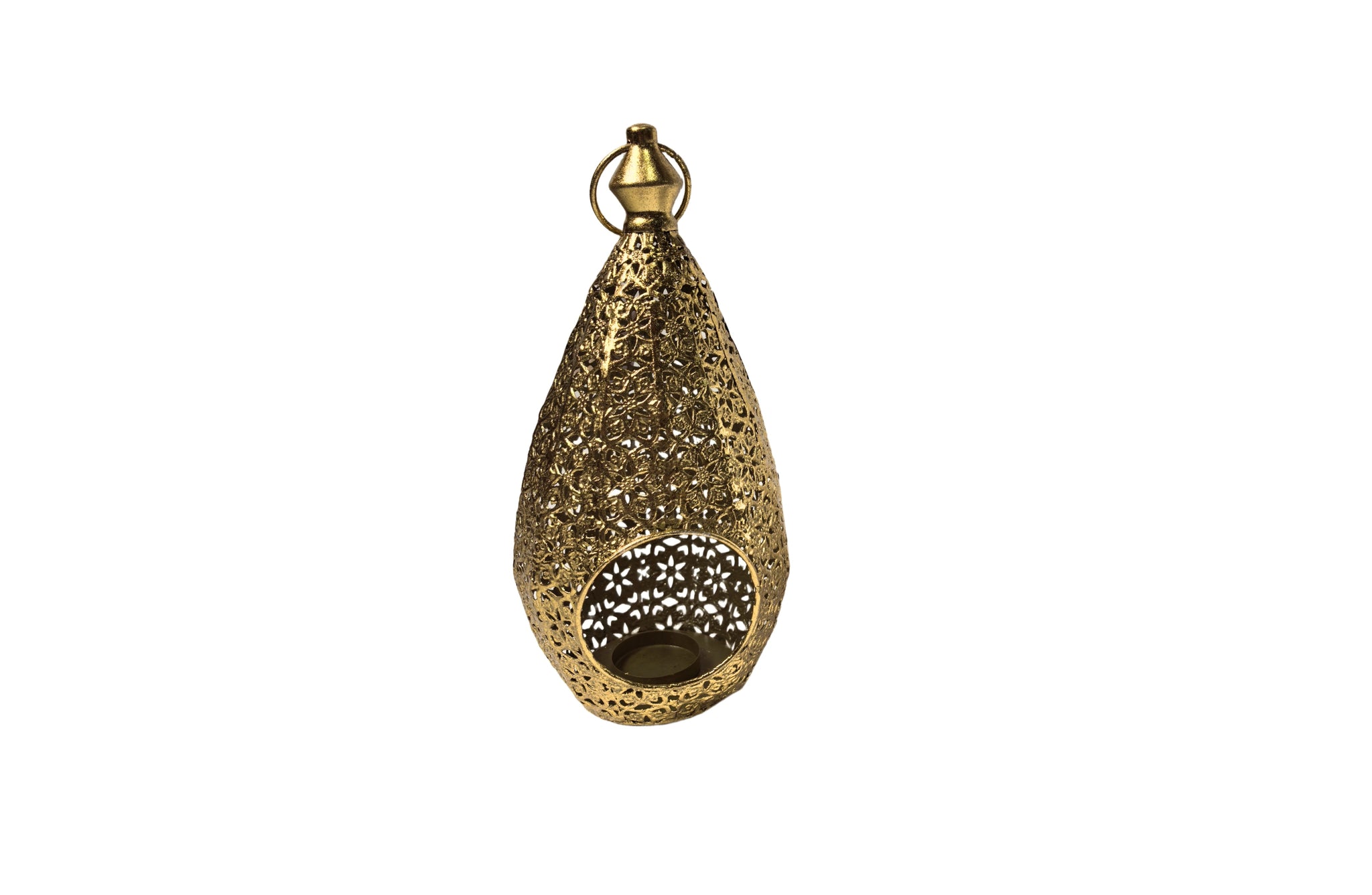 Elegant antique gold Moroccan lantern with cutout pattern and charm.