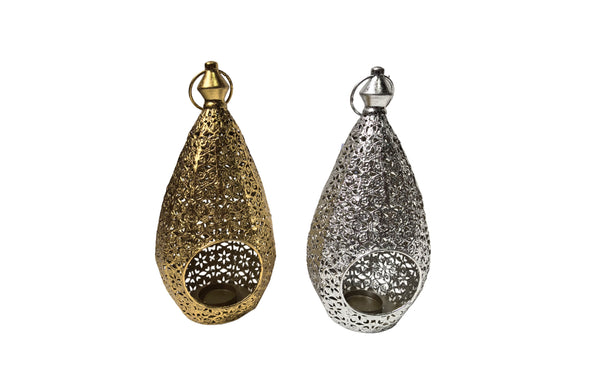 Antique gold and silver Moroccan teardrop lanterns with intricate design.
