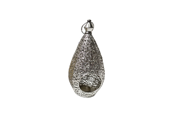 Chic antique silver Moroccan lantern with ornate teardrop design.