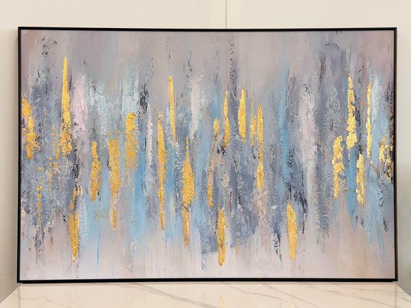 Silver and blue foil wall art styled in a modern setting.