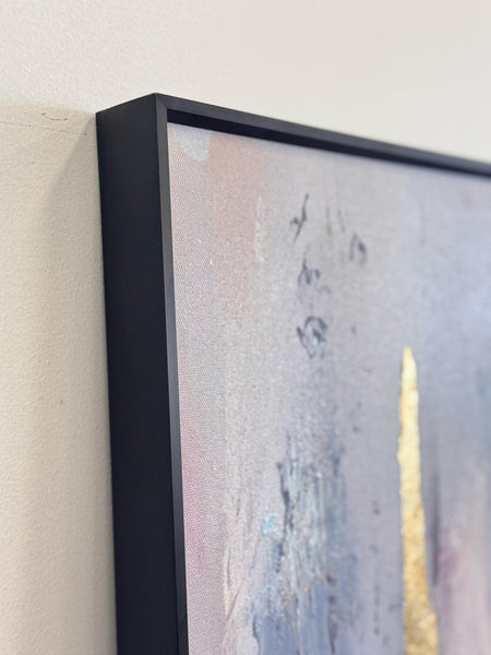 Side view showing black frame and texture of Mystic wall art.