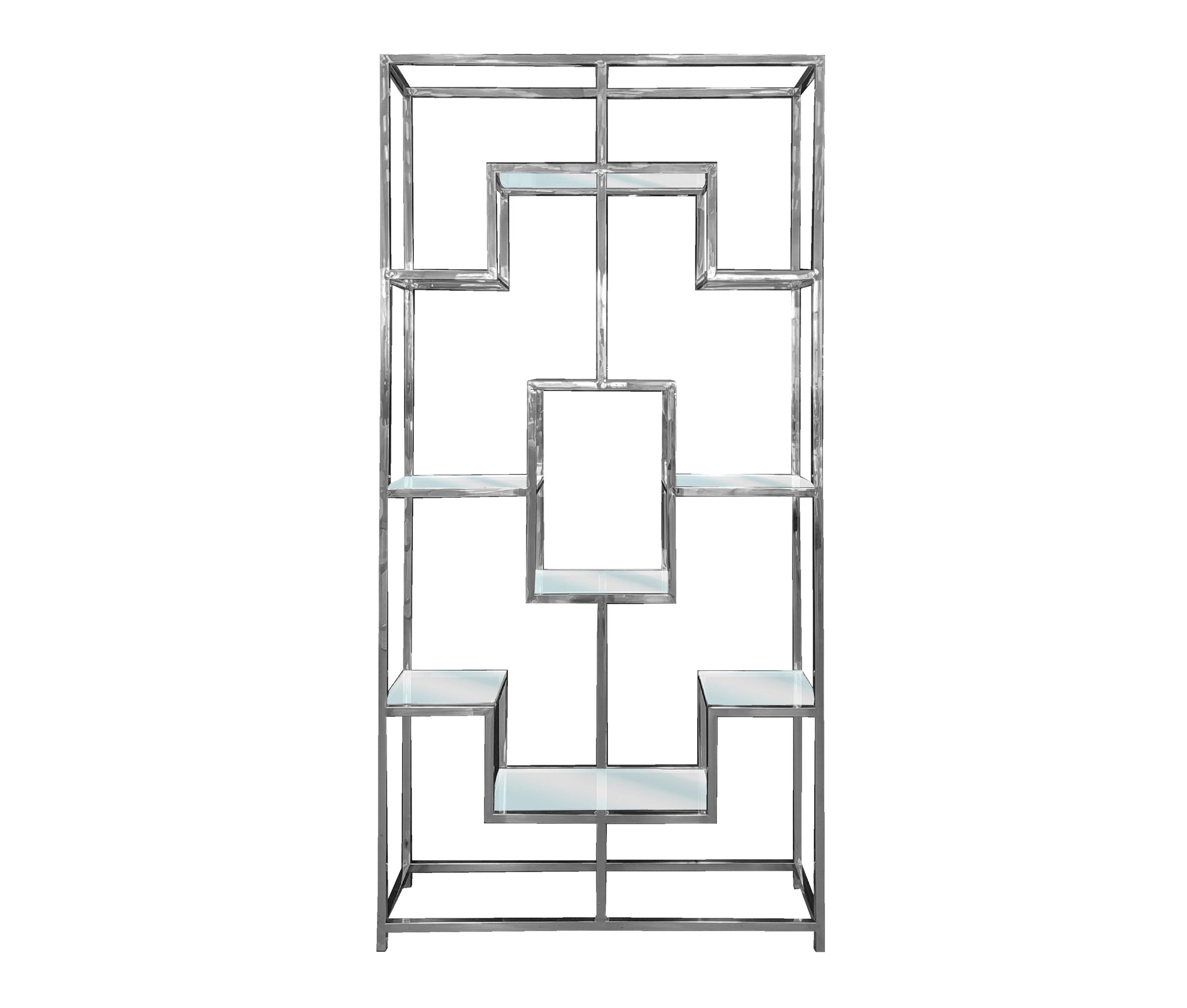 Sleek silver Nelson Bookcase with modern geometric design and glass shelving – ideal for contemporary home décor and elegant storage display.