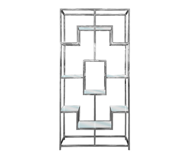 Sleek silver Nelson Bookcase with modern geometric design and glass shelving – ideal for contemporary home décor and elegant storage display.