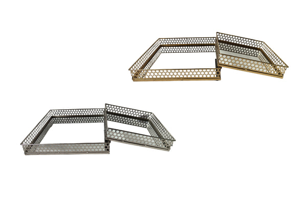 Elegant Nina rectangle tray sets in gold and silver finishes with mirrored bases and lattice design.