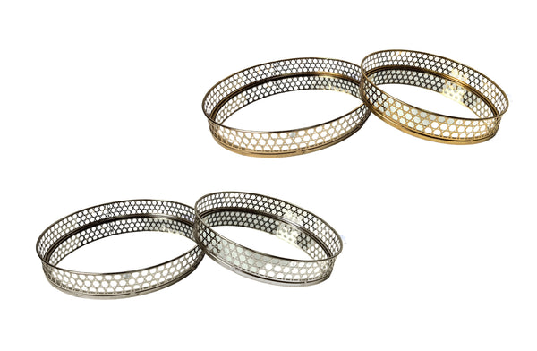 Stylish Nina round tray sets in gold and silver finishes with mirrored bases and lattice design.