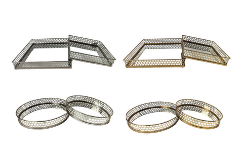 Elegant Nina tray sets in round and rectangle designs, available in gold and silver finishes.