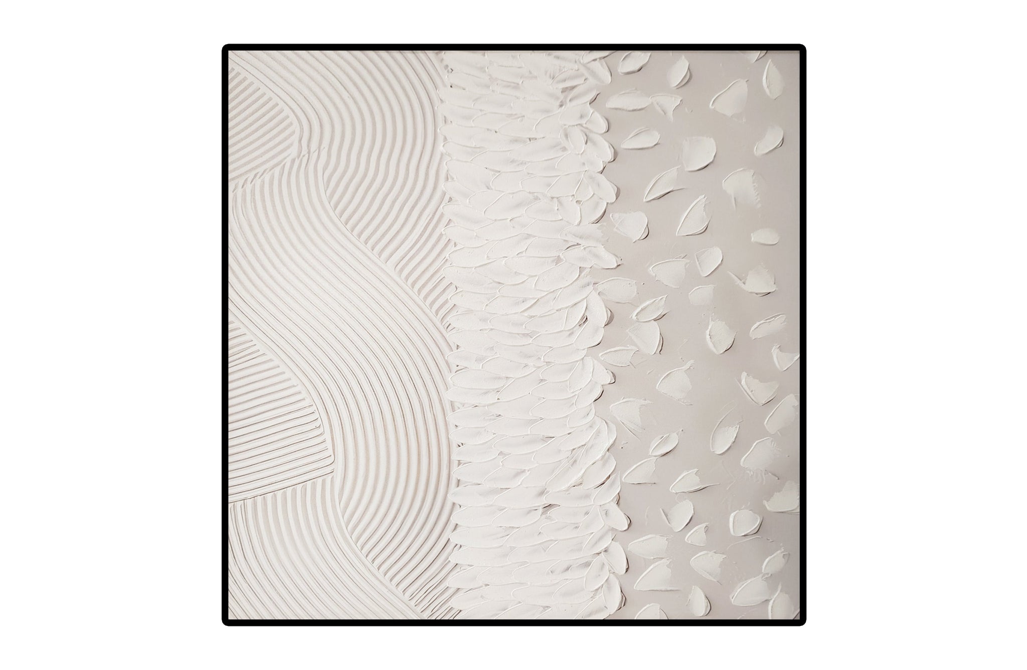 Textured Nordic wall art in soft neutral tones with sleek modern black frame.