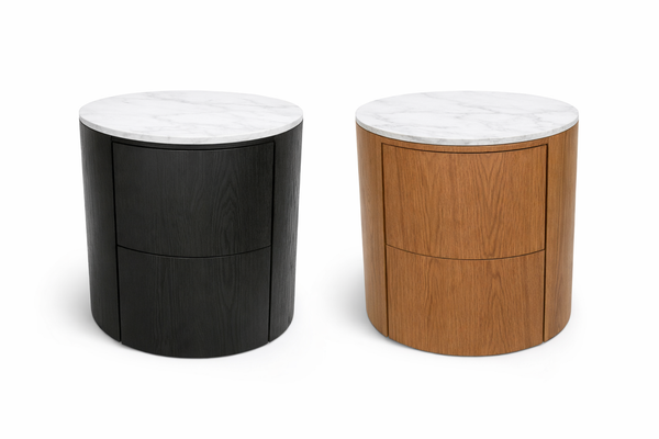 Black and brown round Opal bedside tables with marble tops showcasing modern stylish bedroom storage options