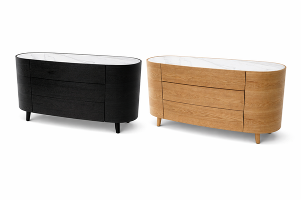 Black and brown Opal dressers displayed together highlighting marble tops and modern luxury storage options
