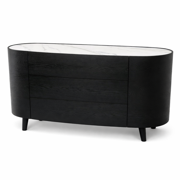 Elegant black wood Opal dresser with marble top and three spacious drawers for modern stylish storage