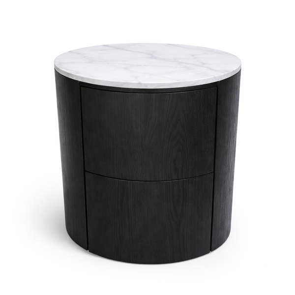 Sleek black round bedside table with marble top and smooth drawers for elegant modern night storage