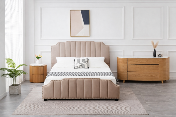 Warm brown Opal dresser styled in modern bedroom adding cozy elegance and practical everyday storage