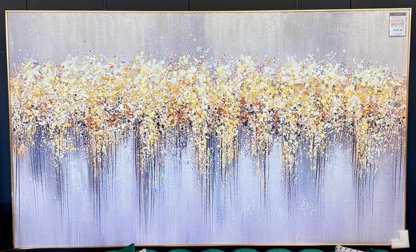 Framed orchard canvas art displayed beautifully in modern interior.