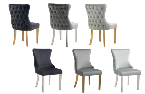 Paris velvet dining chairs in black and grey, tufted backs, gold or silver legs.