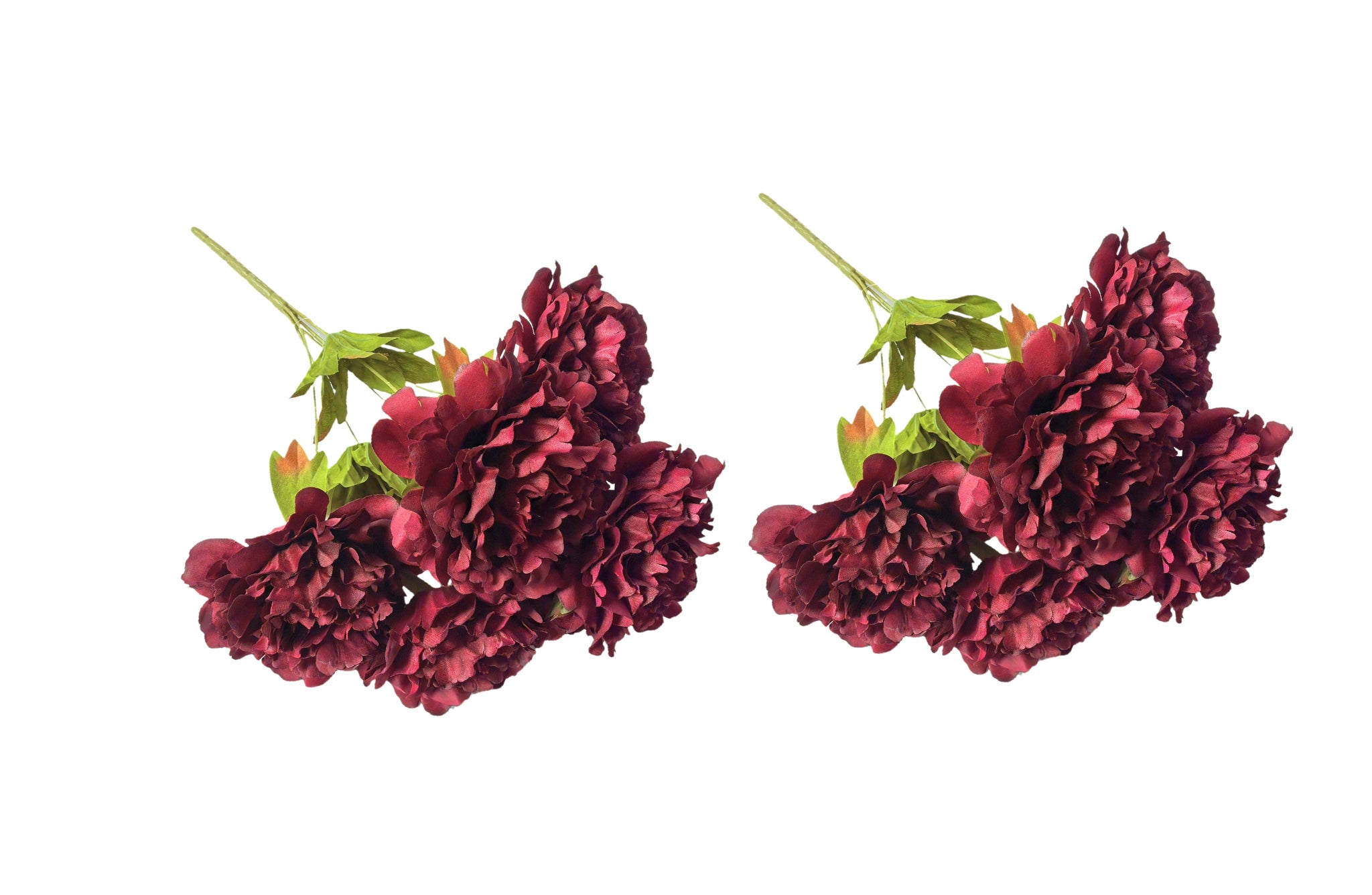 Set of two maroon artificial peony bunches, each with five realistic, rich-colored blooms.