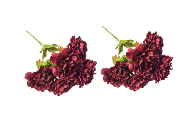 Set of two maroon artificial peony bunches, each with five realistic, rich-colored blooms.