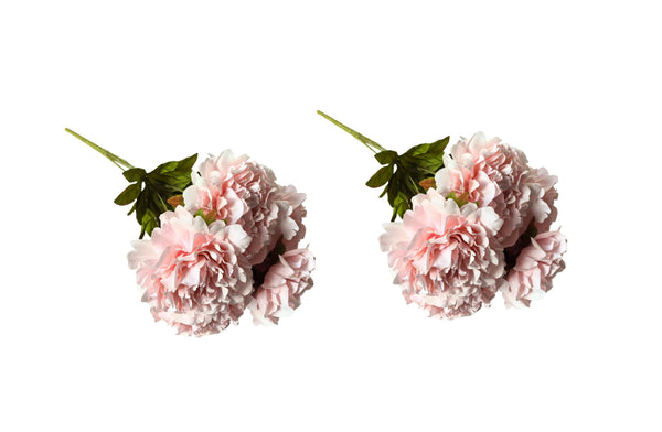 Set of two soft pink artificial peony bunches, each with five full, lifelike blooms.