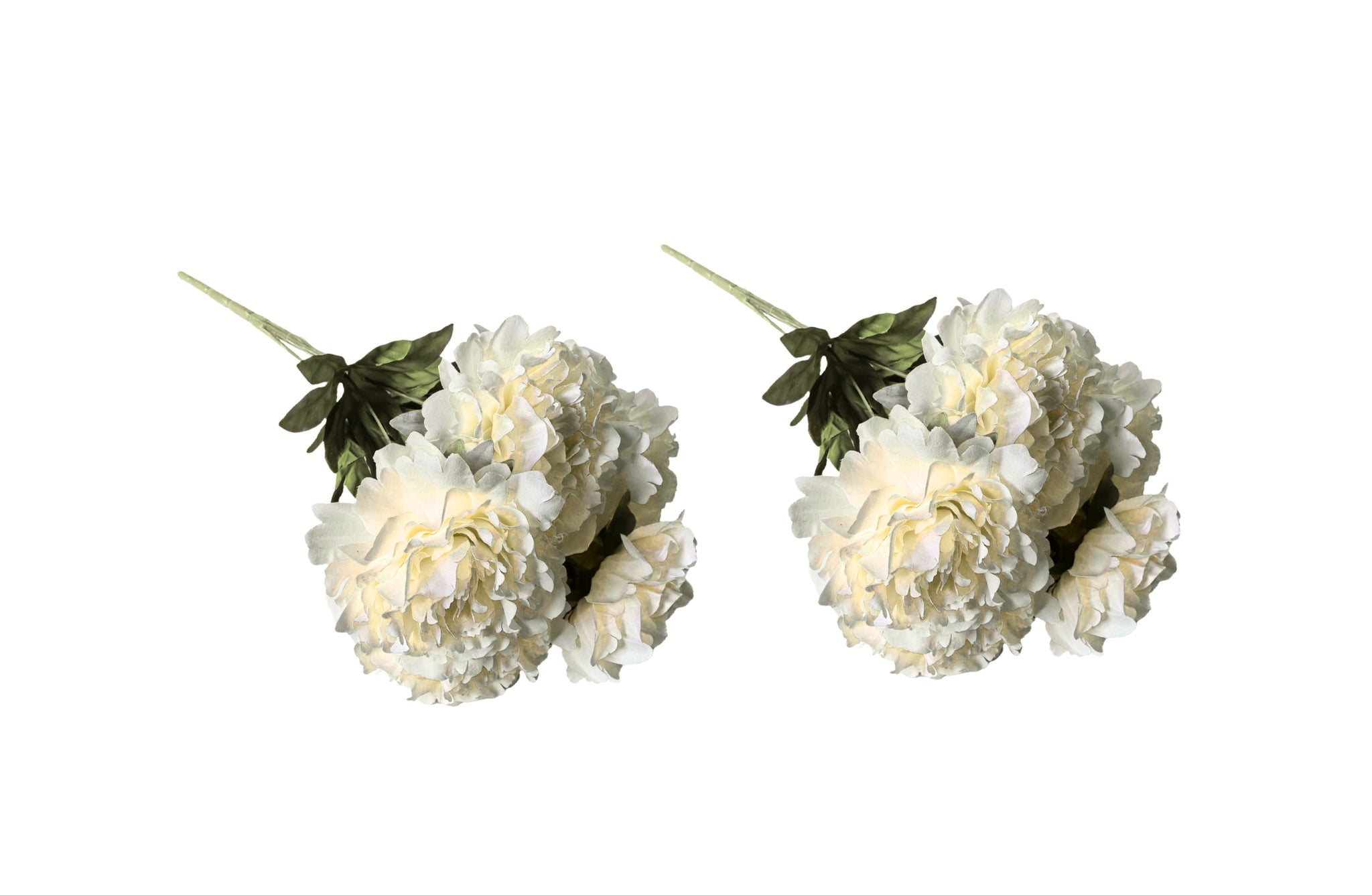 Set of two white artificial peony bunches, each with five elegant, lifelike flowers.