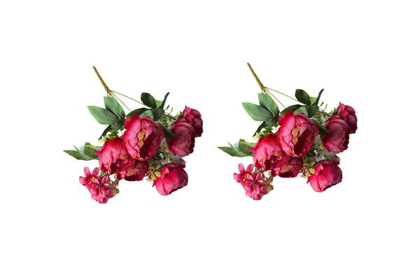 Set of two bright pink artificial peony and frangipani bunches with lush green leaves.