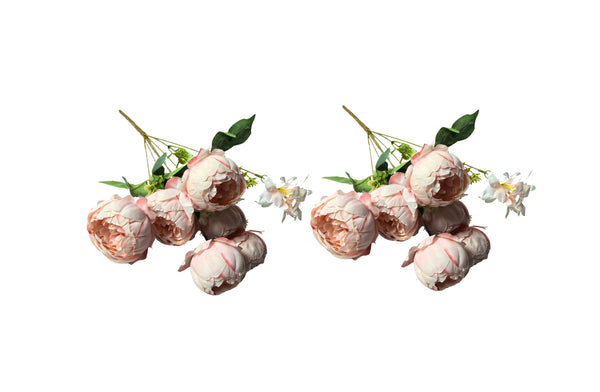Set of two soft pink artificial peony and frangipani bunches with delicate, realistic flowers.