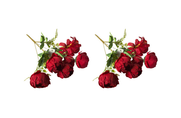 Set of two red artificial peony and frangipani bunches with realistic vibrant blooms.