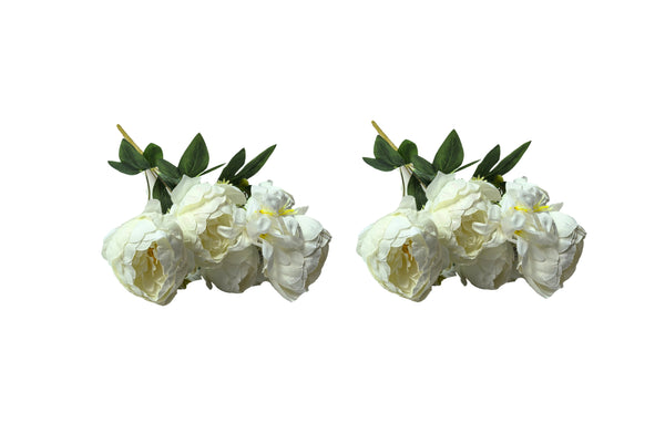 Set of two white artificial peony and frangipani bunches with lifelike petals and greenery.