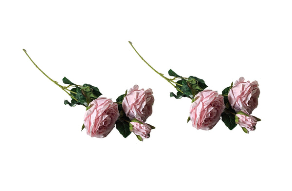 Set of two pink artificial rose stems, each with three realistic blooms and green leaves.