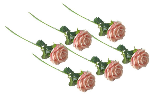 Set of six soft pink artificial rose stems with realistic blooms and green leaves.