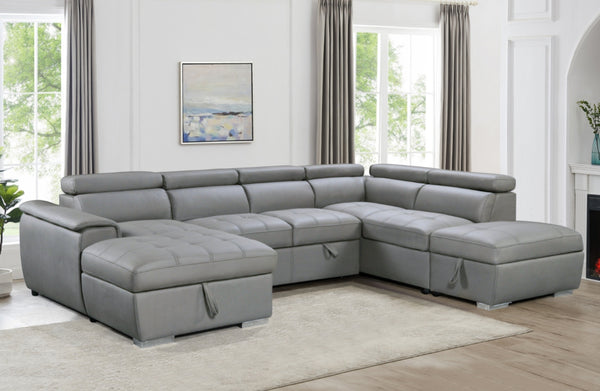 Light grey modular chaise lounge with storage ottoman and sofa bed in living room.