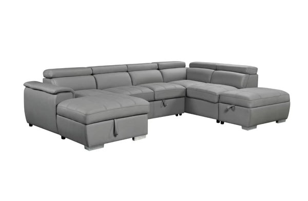 Plush light grey modular chaise lounge featuring adjustable headrests, sofa bed, and storage ottoman.