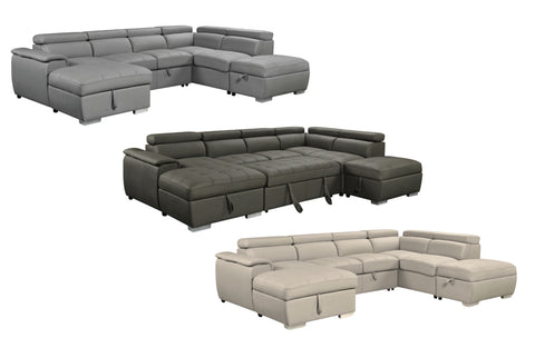 Plush modular chaise lounge with sofa bed and storage ottoman in three colour options.