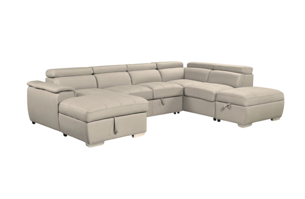 Plush modular chaise lounge in mushroom colour with adjustable headrests, sofa bed, and storage.