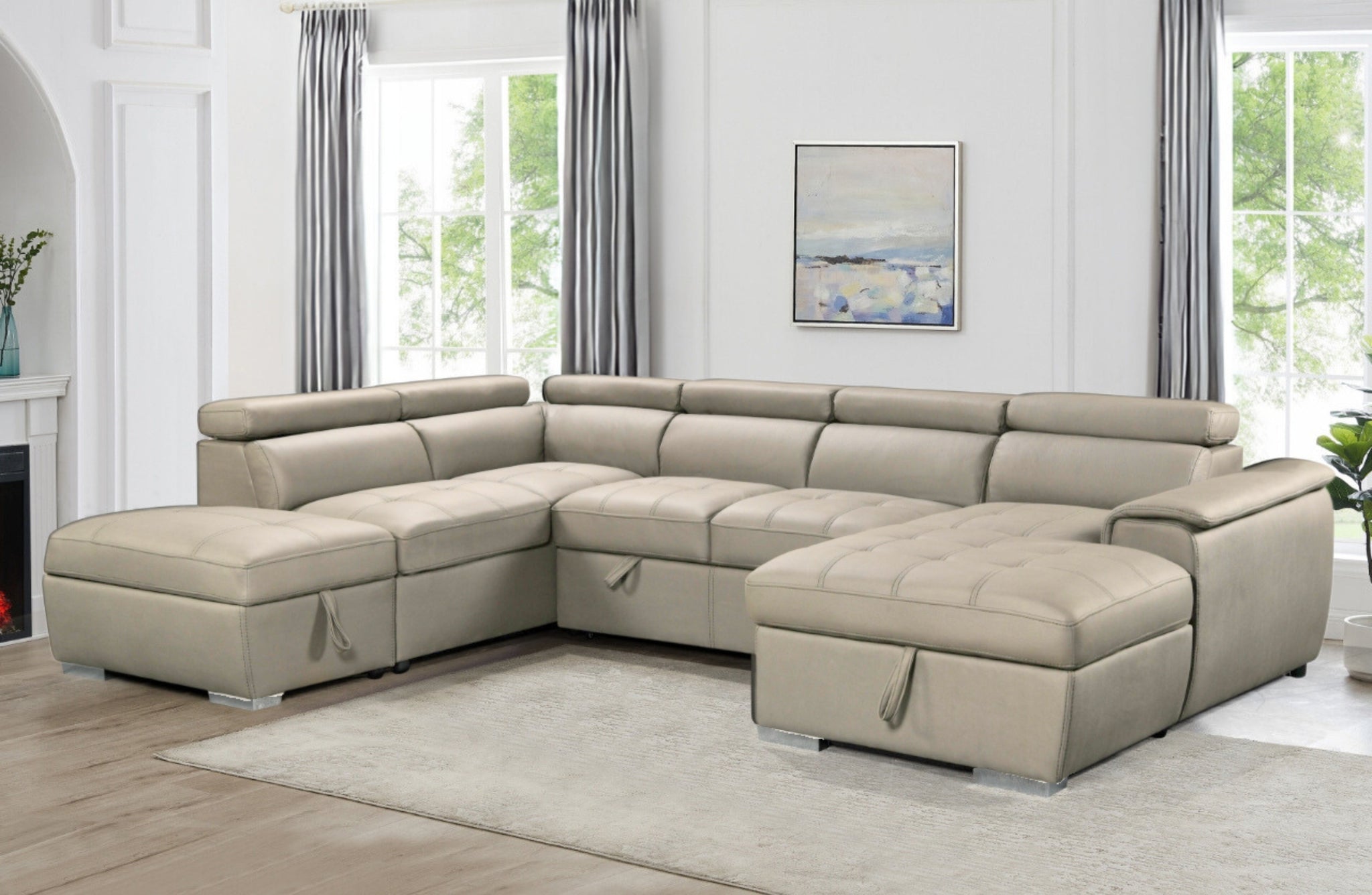 Mushroom plush modular chaise lounge with adjustable headrests styled in bright modern living room.