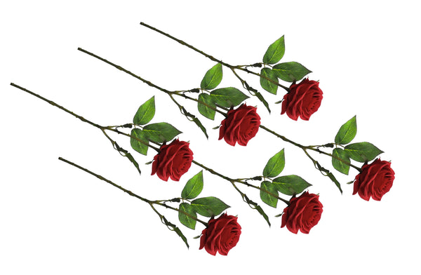 Set of six red artificial rose stems with lifelike petals and green leaves.